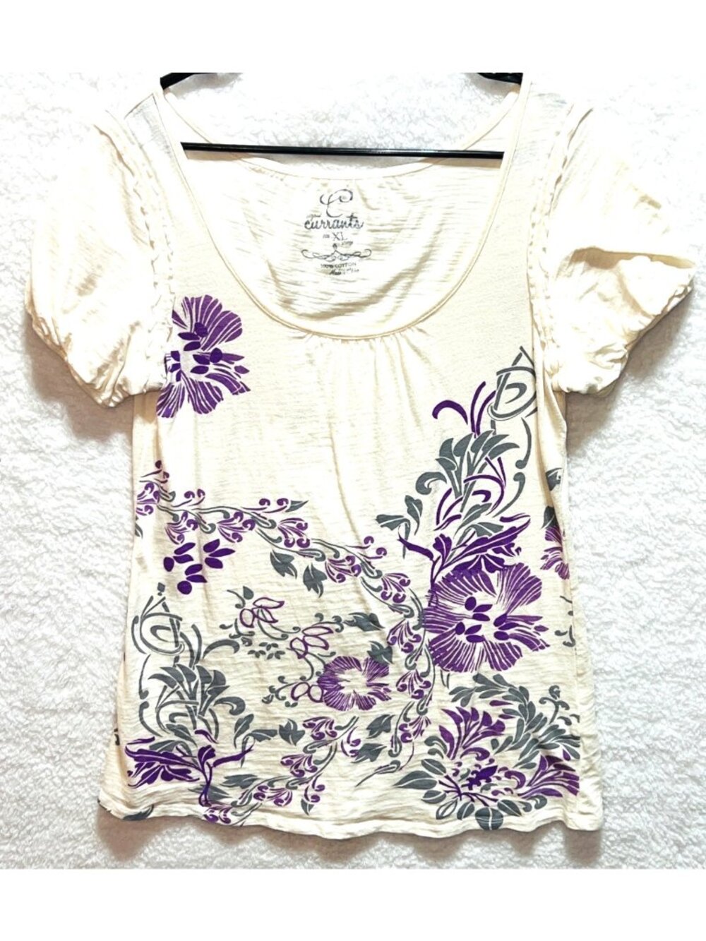 Floral Print Cream & Purple Womens Top XL Puff Short Sleeves100% Cotton Lightwei